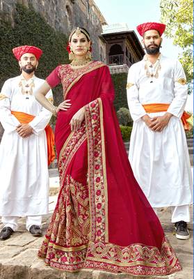 Red embroidered silk saree with blouse 1
