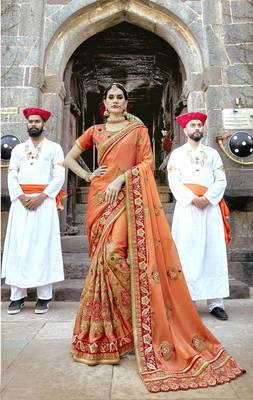Orange embroidered silk saree with blouse 1