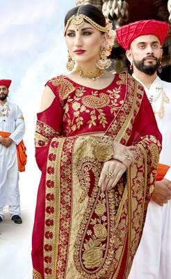 Red embroidered silk saree with blouse 2