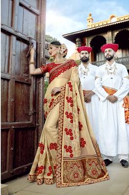 Beige embroidered silk saree with blouse 1