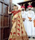 Beige embroidered silk saree with blouse