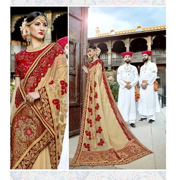Beige embroidered silk saree with blouse 2