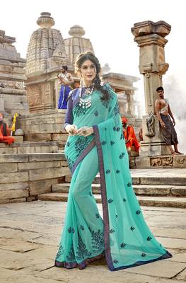 Sea green embroidered georgette saree with blouse 1