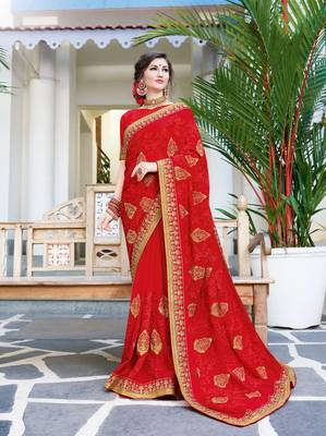 Red embroidered georgette saree with blouse 1