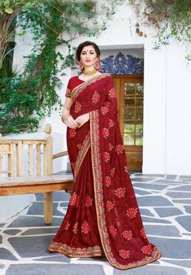 Maroon embroidered georgette saree with blouse 1