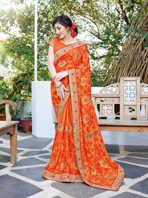 Orange embroidered georgette saree with blouse 1