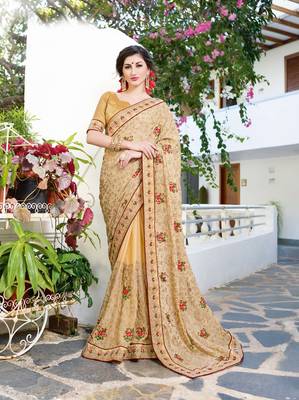 Beige embroidered georgette saree with blouse 1