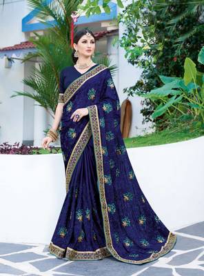 Navy blue embroidered georgette saree with blouse 1