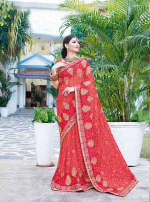 Coral embroidered georgette saree with blouse 1