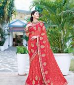 Coral embroidered georgette saree with blouse