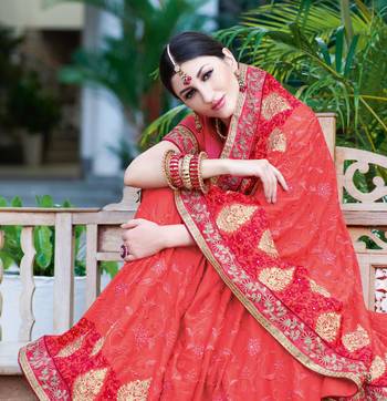 Coral embroidered georgette saree with blouse 2