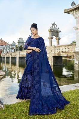 Navy blue embroidered cotton saree with blouse 1