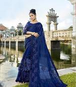 Navy blue embroidered cotton saree with blouse