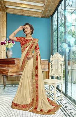 Cream embroidered cotton saree with blouse 1