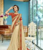 Cream embroidered cotton saree with blouse