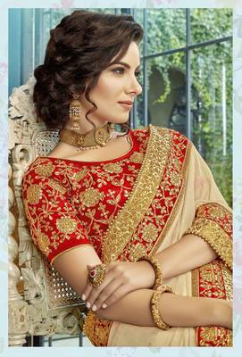 Cream embroidered cotton saree with blouse 2