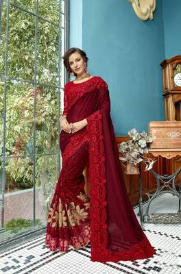 Maroon embroidered cotton saree with blouse 1