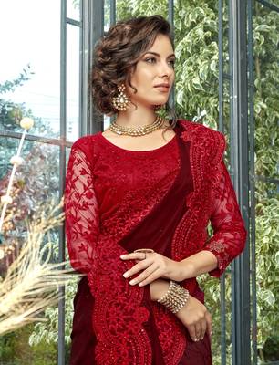 Maroon embroidered cotton saree with blouse 2