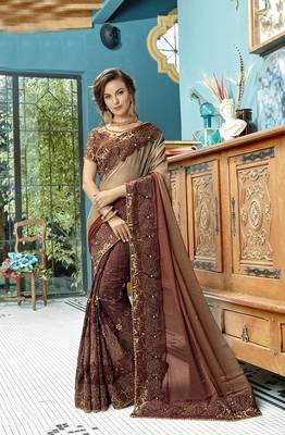 Brown embroidered cotton saree with blouse 1