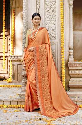Orange embroidered silk saree with blouse 1