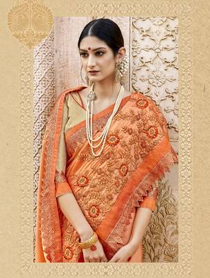 Orange embroidered silk saree with blouse 2