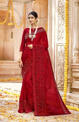 Red embroidered silk saree with blouse 1
