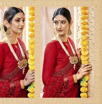 Red embroidered silk saree with blouse 2