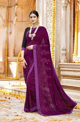 Violet embroidered silk saree with blouse 1