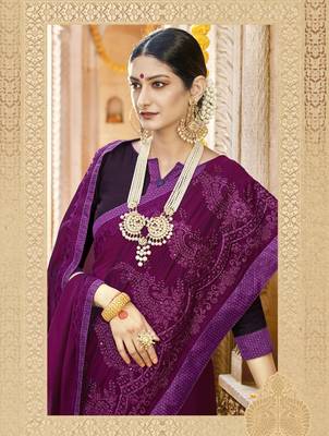 Violet embroidered silk saree with blouse 2