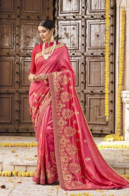 Pink embroidered silk saree with blouse 1