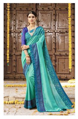 Sea green embroidered silk saree with blouse 1