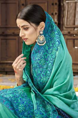 Sea green embroidered silk saree with blouse 2