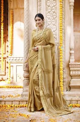 Beige embroidered silk saree with blouse 1