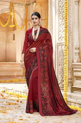 Maroon embroidered silk saree with blouse 1