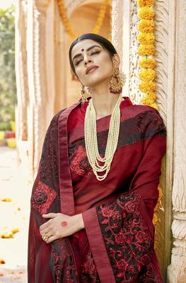 Maroon embroidered silk saree with blouse 2