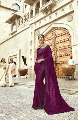 Dark magenta embroidered georgette saree with blouse 1