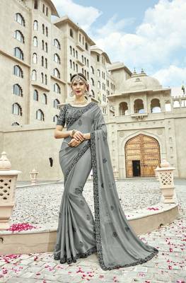 Grey embroidered georgette saree with blouse 1