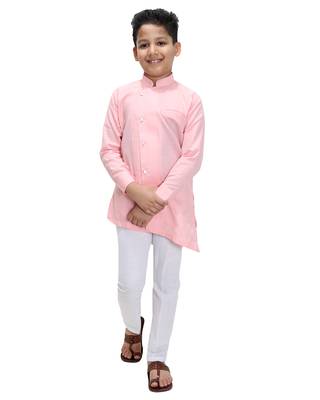 Pink plain cotton silk boys-kurta-pyjama 1
