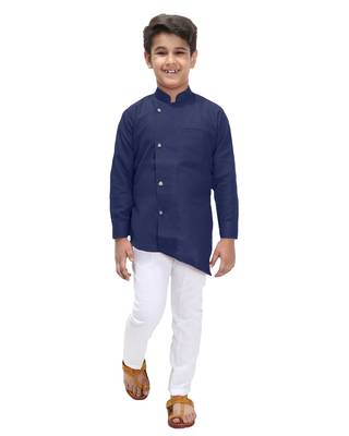 Blue plain cotton silk boys-kurta-pyjama 1