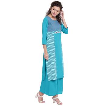 Turquoise printed rayon kurtas-and-kurtis 4