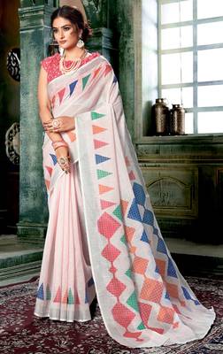 Multicolor printed linen saree with blouse 1