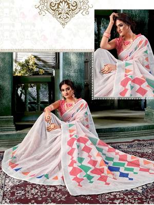 Multicolor printed linen saree with blouse 2