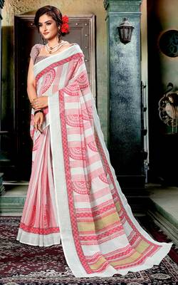 Multicolor printed linen saree with blouse 1