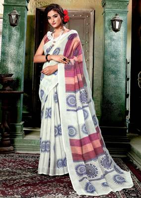 Multicolor printed linen saree with blouse 1
