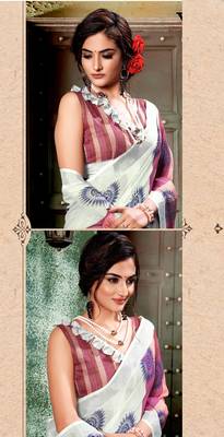 Multicolor printed linen saree with blouse 2