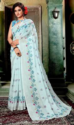 Multicolor printed linen saree with blouse 1