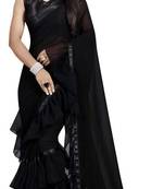 Black Ruffled Saree With Blouse Piece.