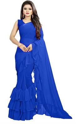 Royal Blue Ruffled Saree With Blouse Piece. 1