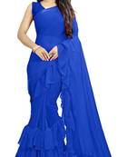 Royal Blue Ruffled Saree With Blouse Piece.