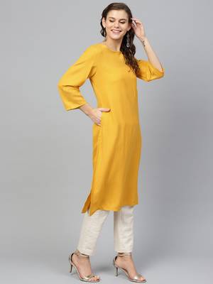 Yellow plain liva ethnic-kurtis 3